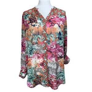 Figueroa & Flower Women's Sz L Button Up Tunic Semi-Sheer Long Sleeves Floral